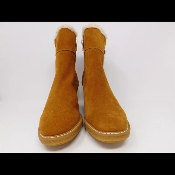 Franco Sarto Women's Boots Ulayna Ankle Bootie Wedge Heel Tan Suede Sherpa Zip - Picture 3 of 12